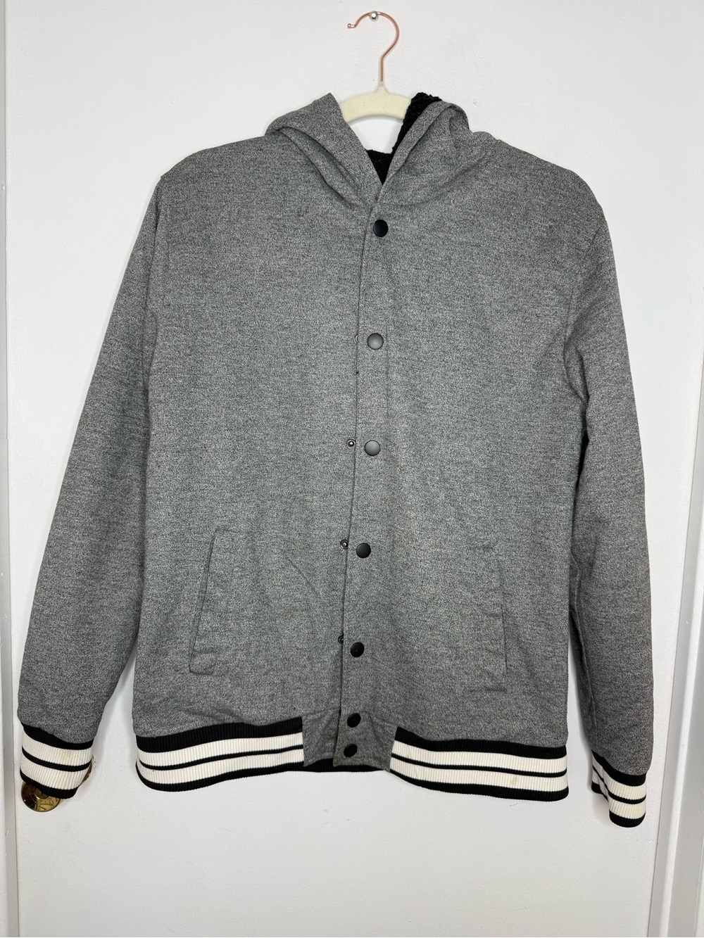 Brooklyn Cloth Gray Hooded Bomber Jacket with Striped Ribbing